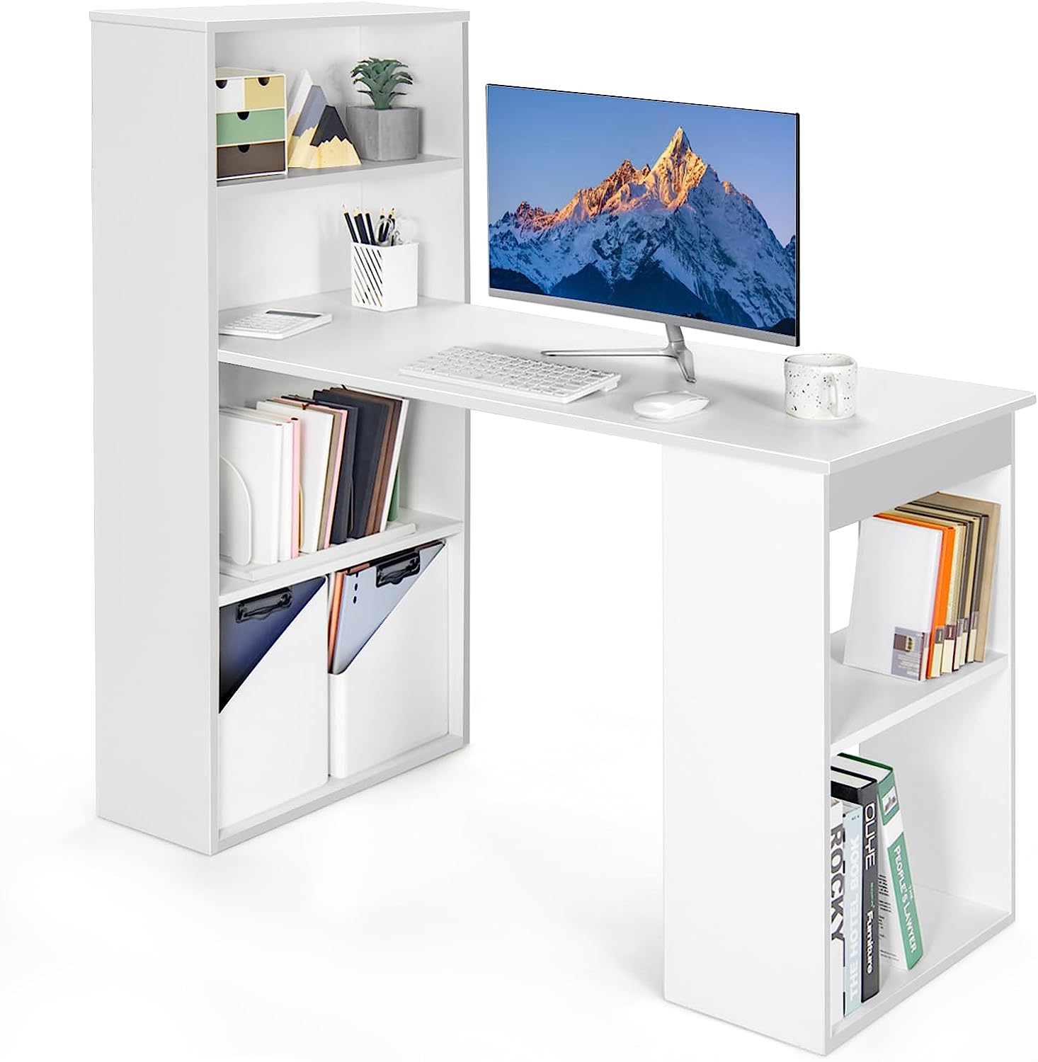 Giantex 48 Inch Computer Desk with Bookshelf, 3-in-1 Home Office Desk with 4-Tier Bookcase & CPU Stand