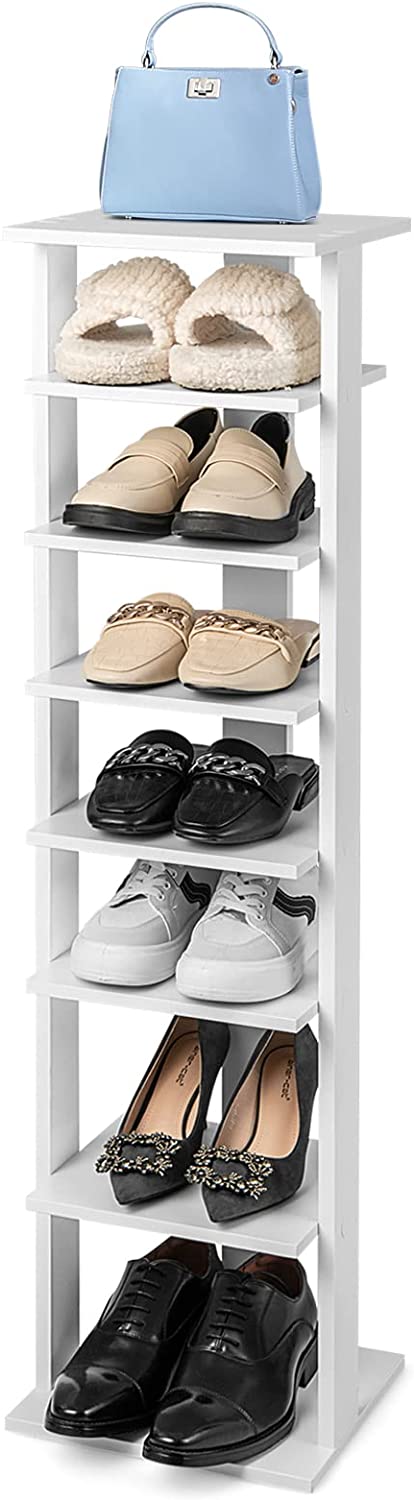 Giantex 7 Tiers Vertical Shoe Rack, Entryway Slim Wooden Shoes Racks, Skinny Shoe Organizer, Space Saving Shoes Storage Stand for Front Door, White