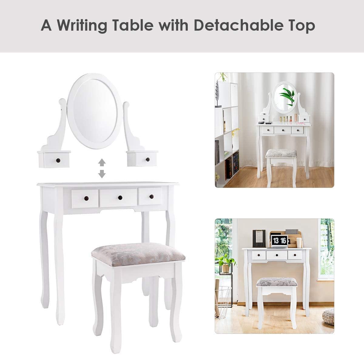 Vanity Set with Oval Mirror and 5 Drawers Girls Women Makeup Organizer Table, White - Giantexus