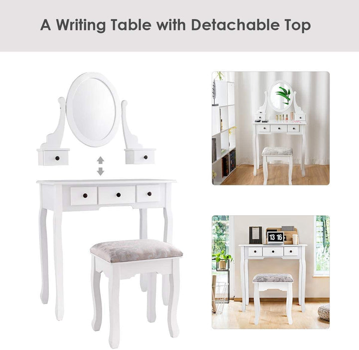 Vanity Set with Oval Mirror and 5 Drawers Girls Women Makeup Organizer Table, White - Giantexus