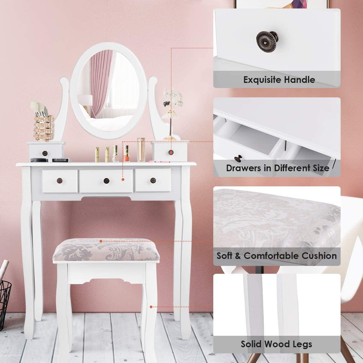 Vanity Set with Oval Mirror and 5 Drawers Girls Women Makeup Organizer Table, White - Giantexus