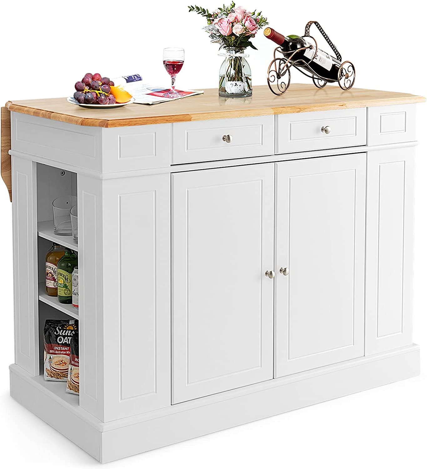 Giantex Kitchen Island with Drop Leaf, Rubber Wood Top, 2 Drawers, Storage Cabinets