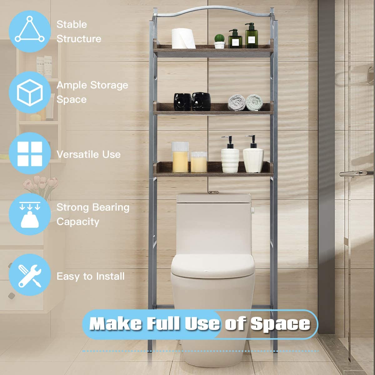 Over-The-Toilet Spacesaver 3-Tier W/Adjustable Shelves and Sturdy Metal Frame