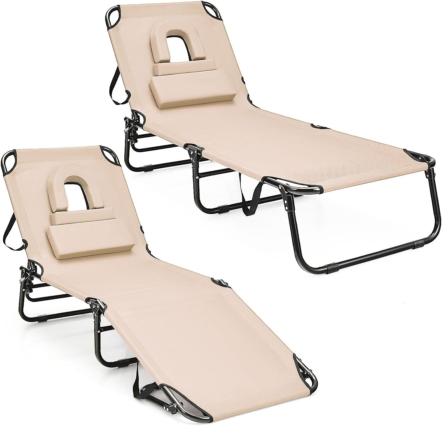 Giantex Folding Beach Tanning Chair - Adjustable Patio Lounge Chair w/Face Hole, Removable Pillows, Carry Strap