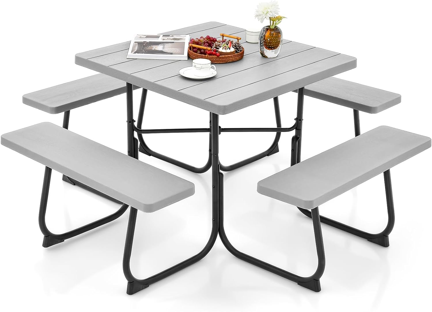 Giantex Picnic Table Set for 4-8 Persons, Outdoor Table and Bench Set with Umbrella Hole, HDPE Top & Metal Frame