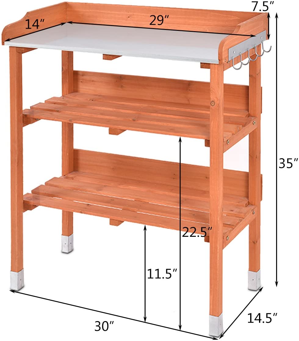 Giantex Outdoor Garden Wooden Potting Bench Work Station Table Tool Storage Shelf W/Hook (Orange)