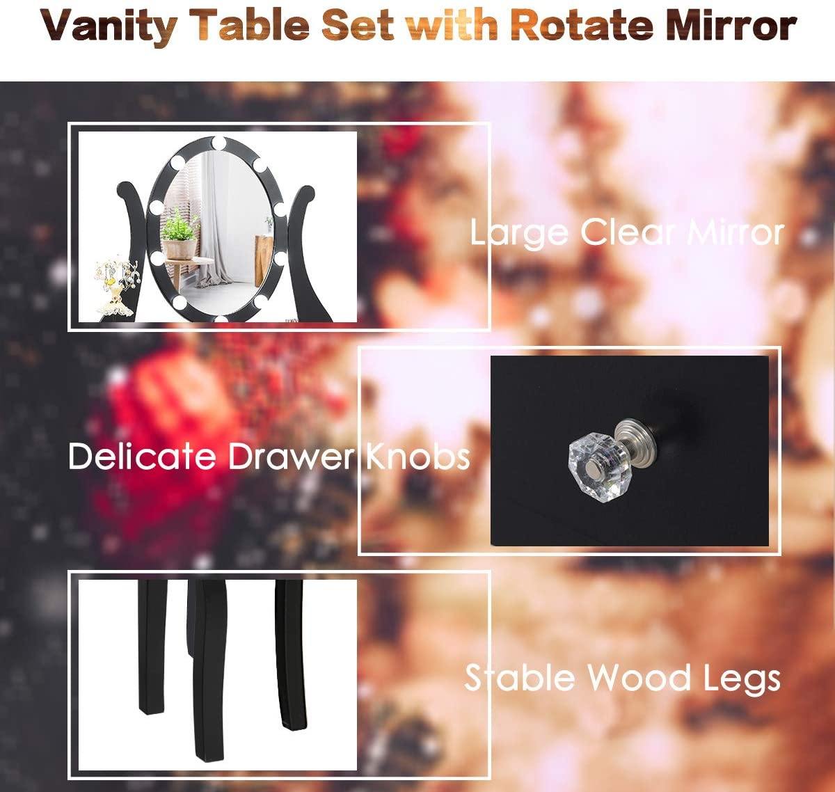 CHARMAID | Vanity Table Set with Lighted Mirror, Makeup Dressing Table with 10 LED Lights, Touch Switch, 5 Drawers - Giantexus