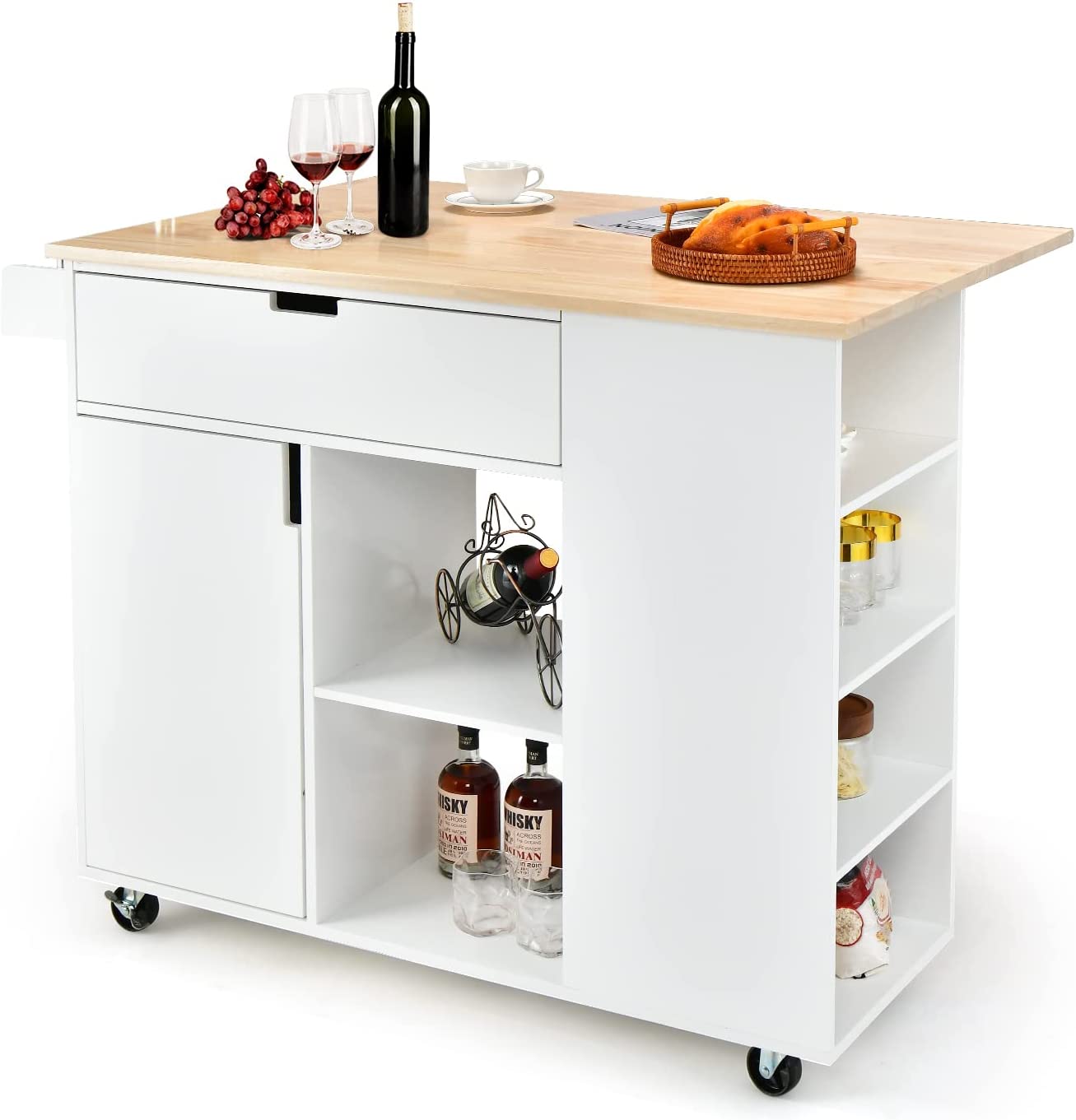 Giantex Kitchen Island Cart Drop-Leaf Countertop, Rubber Wood Breakfast Dining Table w/Large Drawer