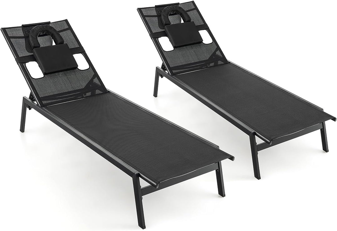 Giantex Patio Chaise Lounge Chair - Outdoor Lounge Chaise with Face Hole, Detachable Head Pillows, Black