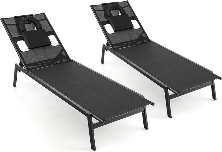 Giantex Patio Chaise Lounge Chair - Outdoor Lounge Chaise with Face Hole, Detachable Head Pillows, Black