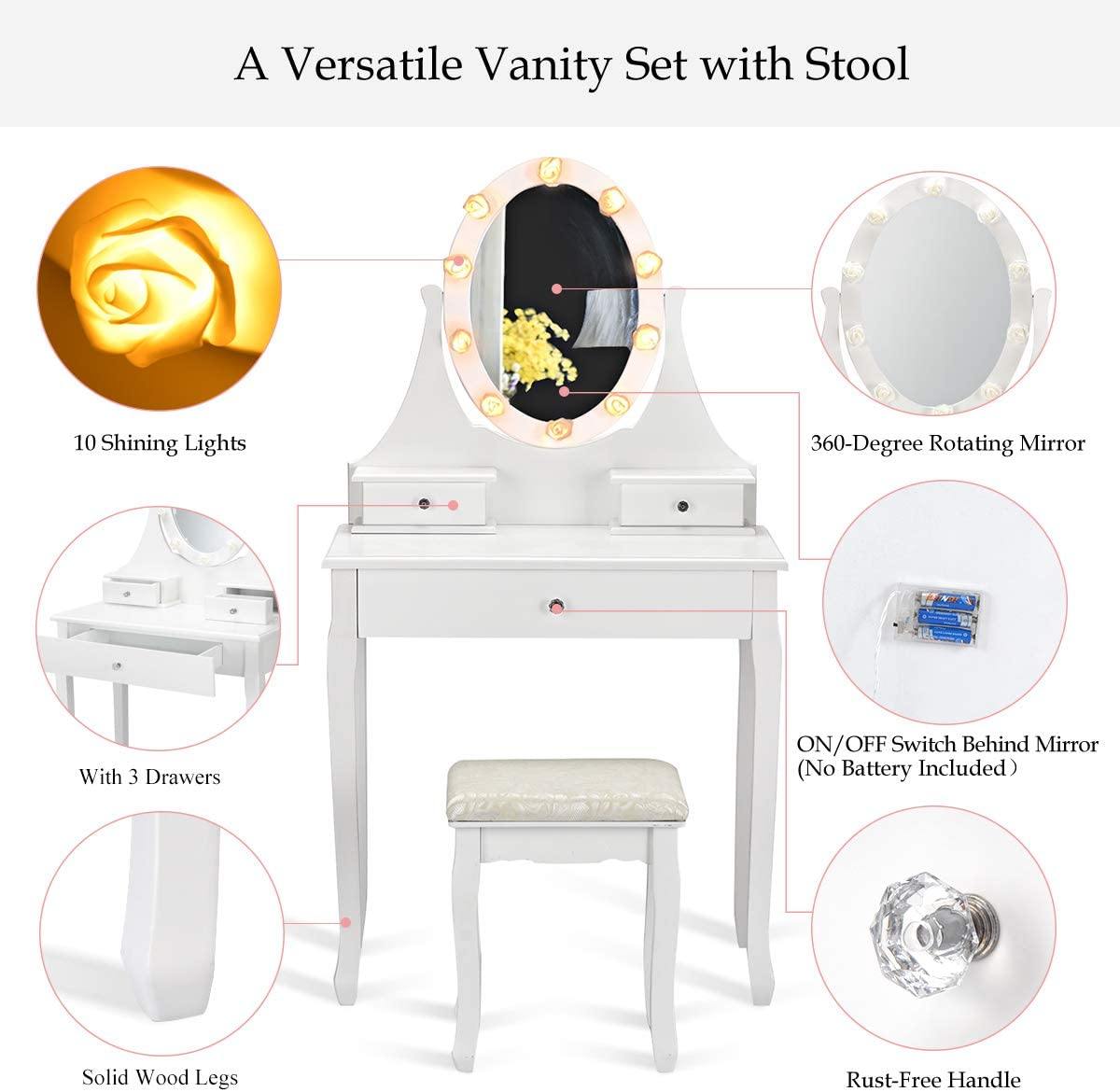 Vanity Set with Lighted Mirror, Makeup Table with 10 Rose Light - Giantexus