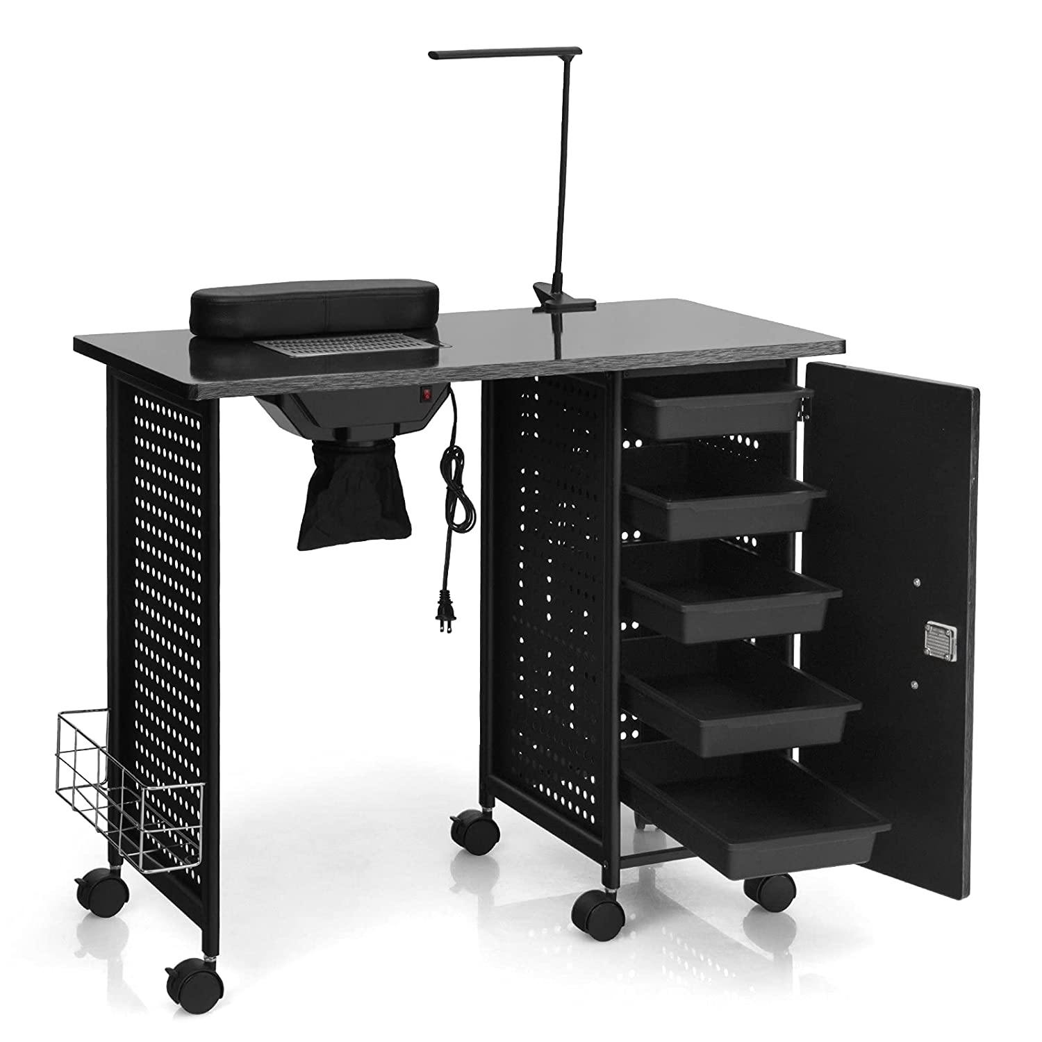 Nail Desk Manicure Table Steel Frame Nail Tables for Technician (Pure Black) - Giantexus