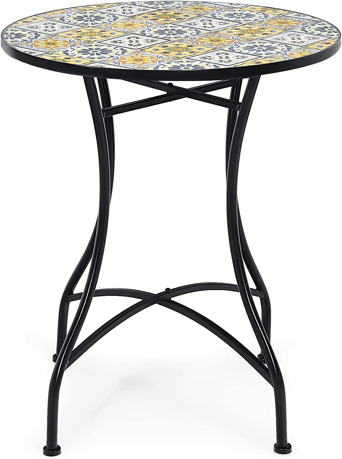 Giantex Mosaic Round Table, Outdoor Dining Table with Exquisite Floral Pattern and Ceramic Tile Tabletop