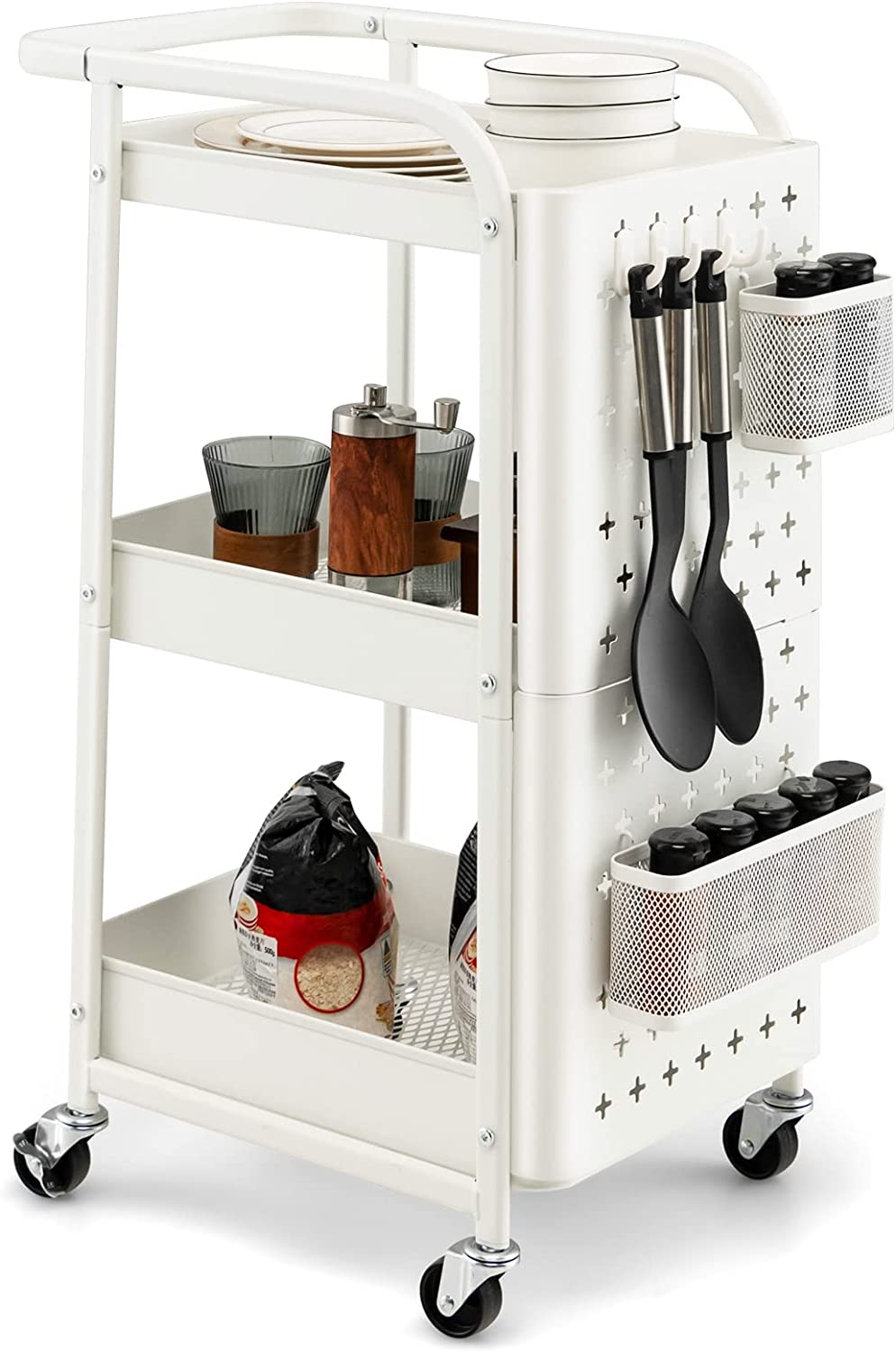Giantex 3-Tier Utility Cart, Rolling Storage Organizer w/ Pegboards, 2 Mesh Baskets, 4 Hanging Hooks, Art Craft Trolley