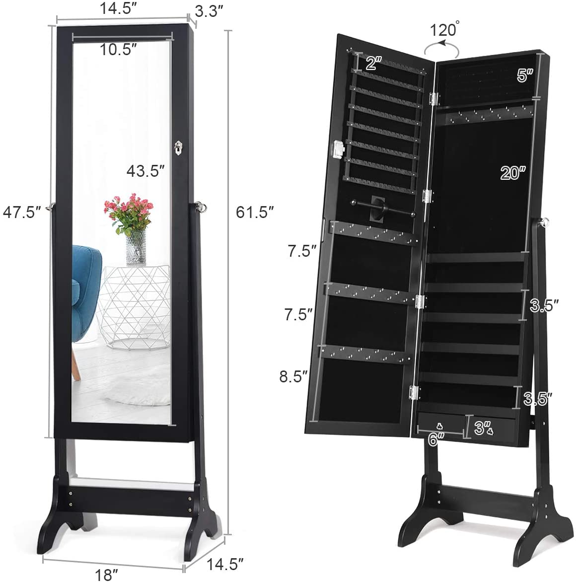 Lockable Standing Jewelry Armoire with Full Length Mirror - Giantex