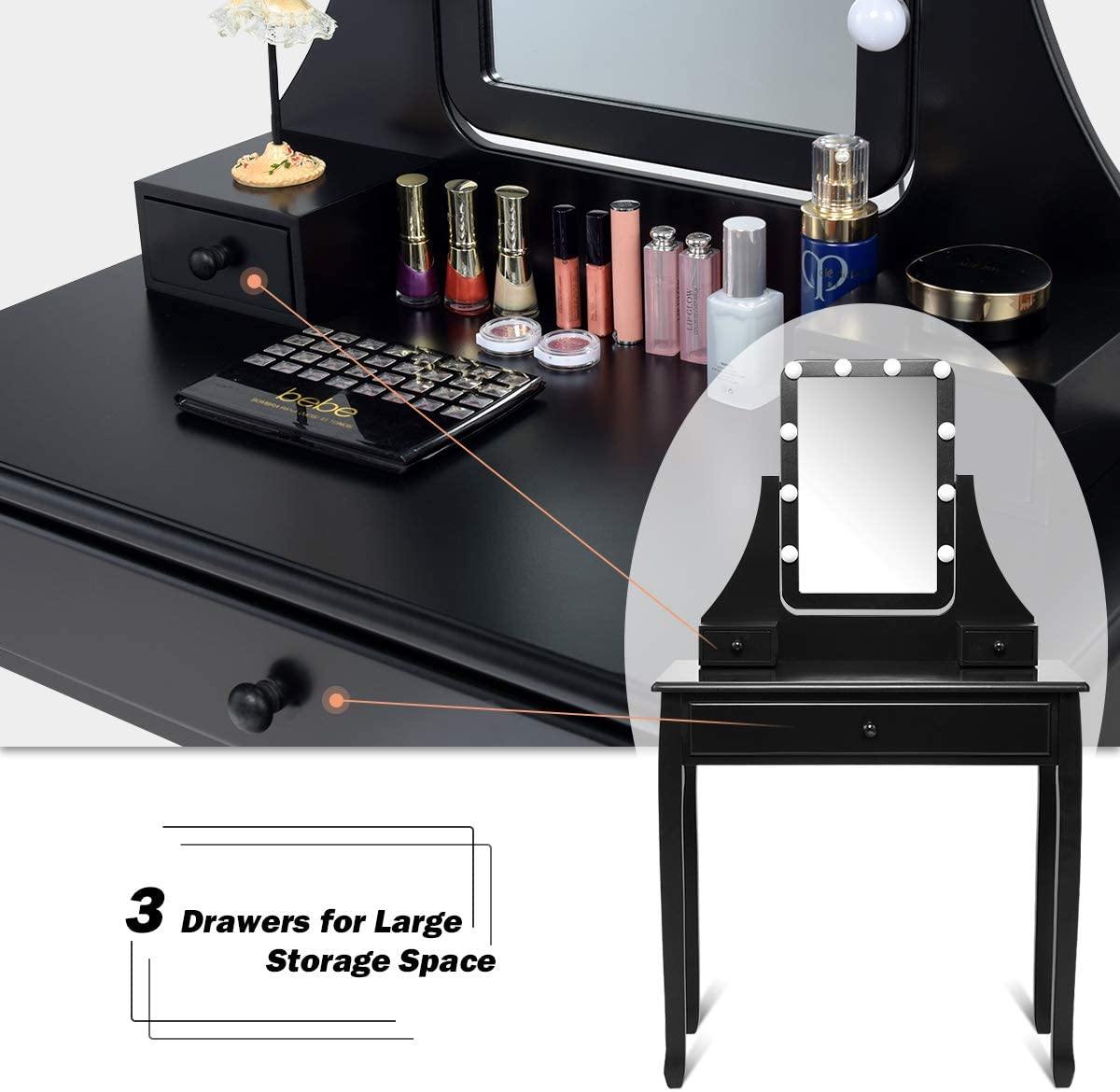 CHARMAID | Vanity Set with Lighted Mirror, Makeup Dressing Table with 10 LED Dimmable Bulbs, Touch Switch, 3 Drawers 2 Dividers - Giantexus