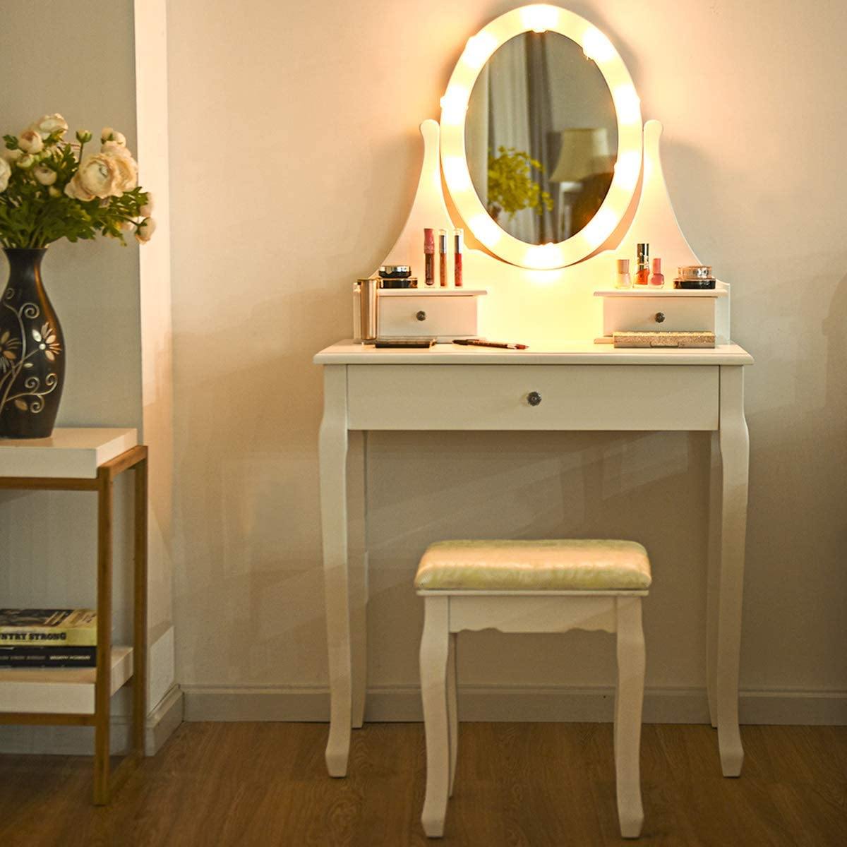 Vanity Set with Lighted Mirror, Makeup Table with 10 Rose Light - Giantexus