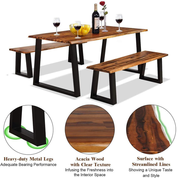 3PCS Wooden Dining Set Bench Chair Rustic Indoor &Outdoor Furniture - Giantexus