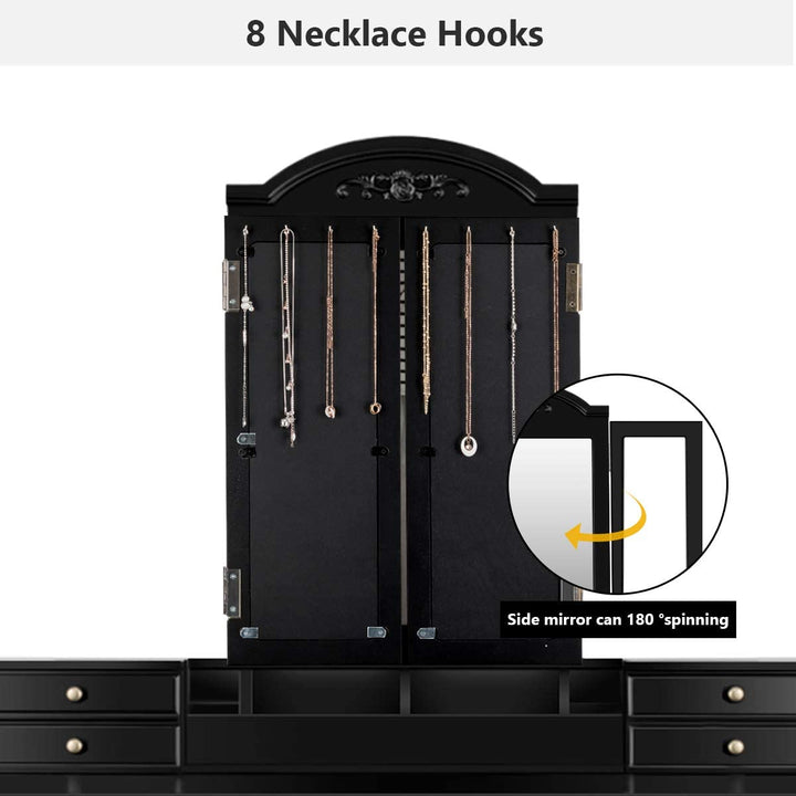 Vanity Set with Tri-Folding Mirror & 8 Necklace Hooks, 7 Drawers, 2 Dividers, 6 Desktop Makeup Organizers - Giantexus
