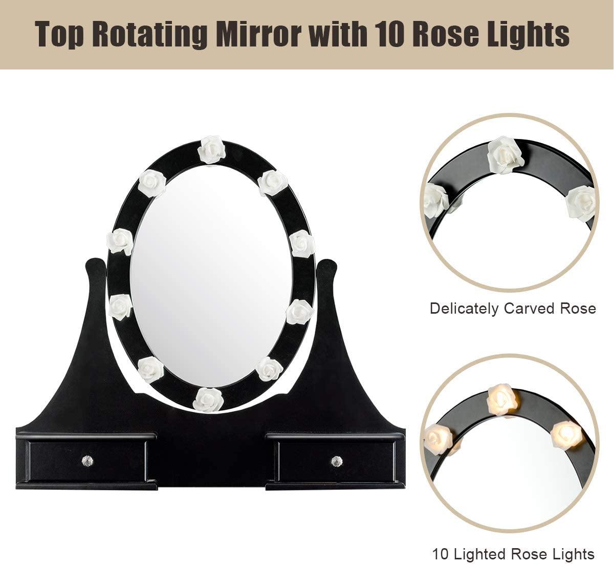 Vanity Set with Lighted Mirror, Makeup Table with 10 Rose Light - Giantexus