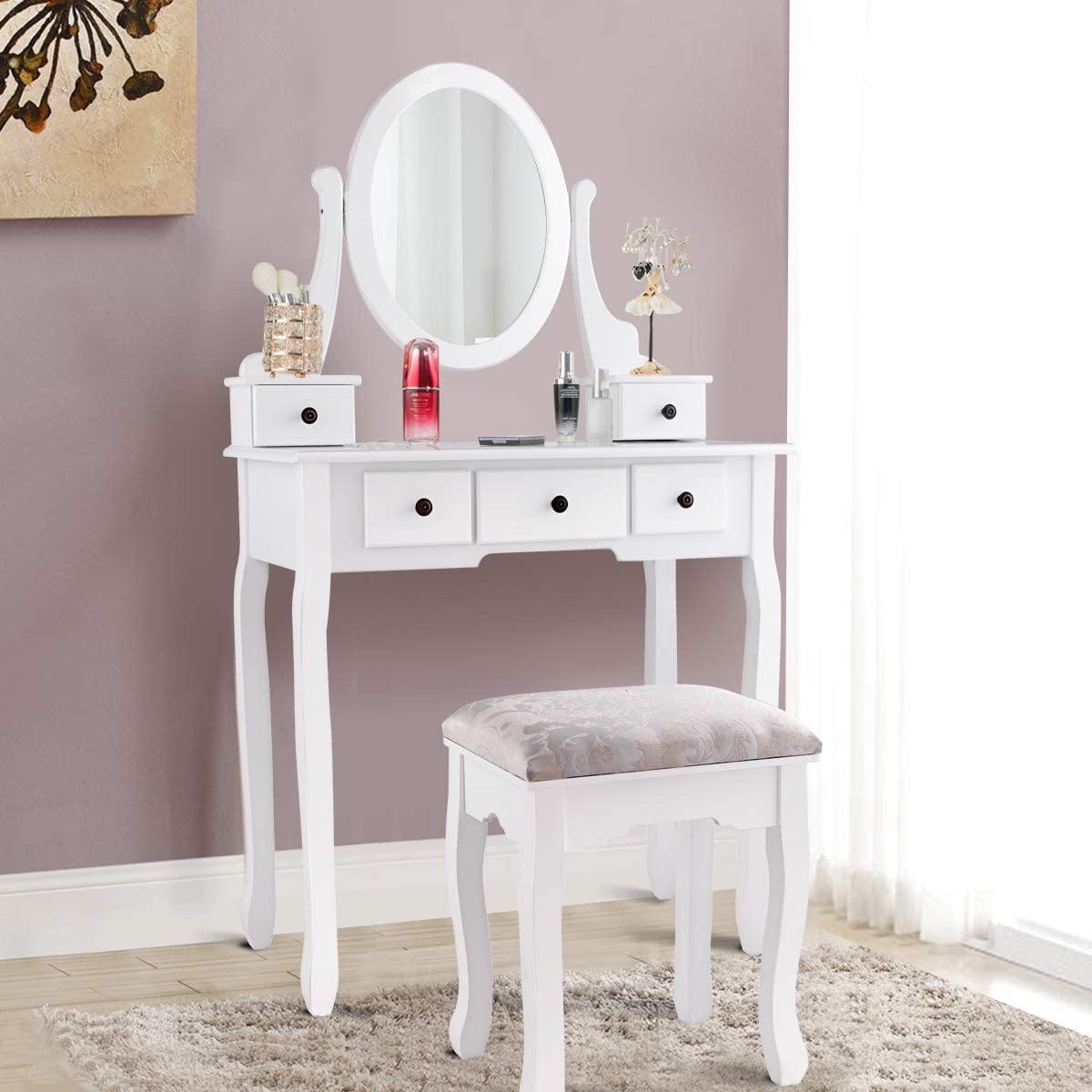 Vanity Set with Oval Mirror and 5 Drawers Girls Women Makeup Organizer Table, White - Giantexus