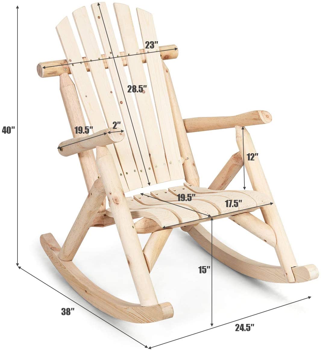 Log Rocking Chair Wood Porch & Patio Rocker for Deck Balcony