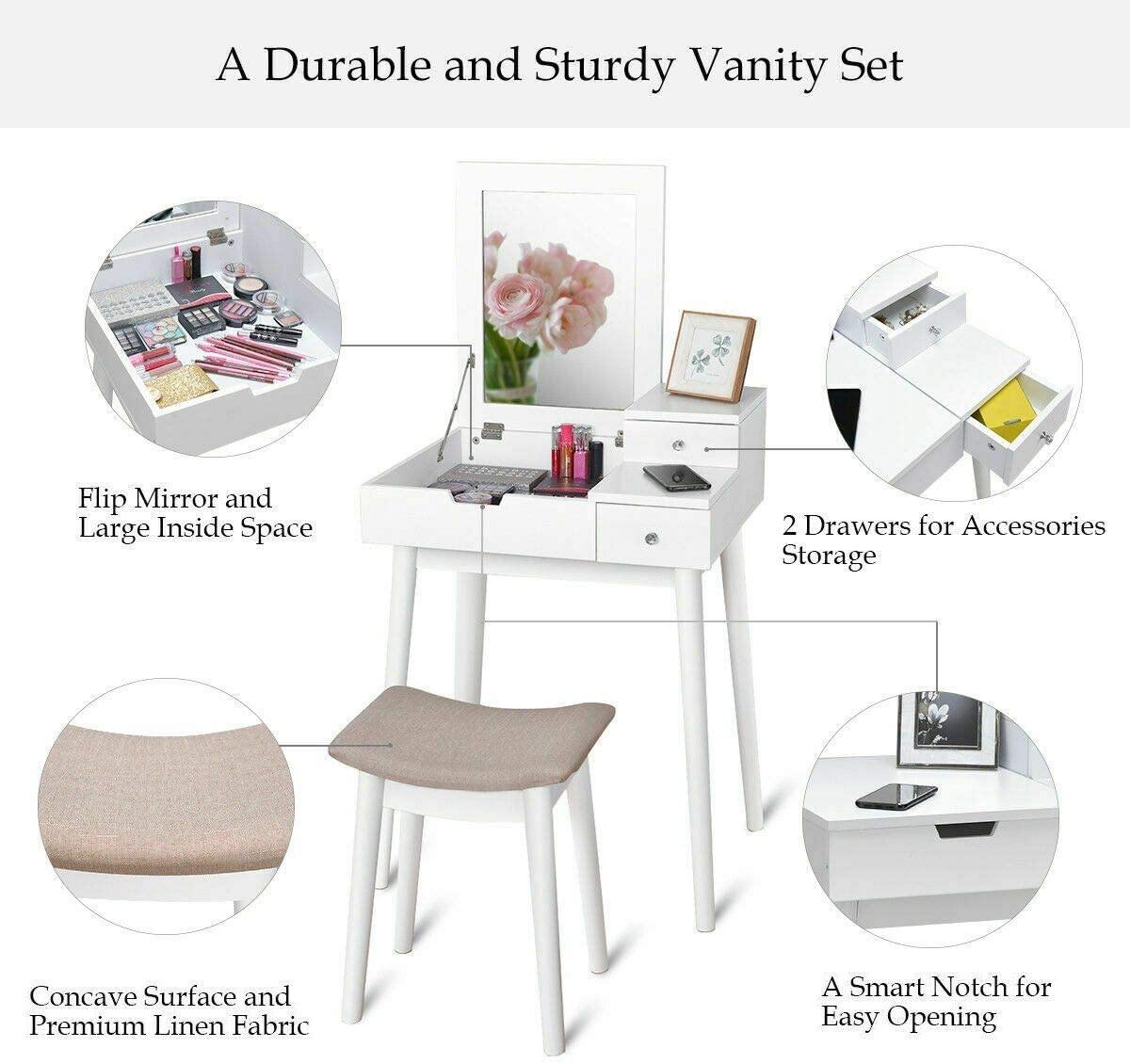Vanity Table Set with Flip Top Mirror and Cushioned Stool with 2 Drawers, White - Giantexus