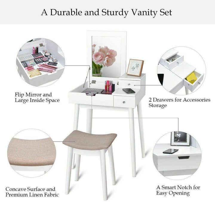 Vanity Table Set with Flip Top Mirror and Cushioned Stool with 2 Drawers, White - Giantexus