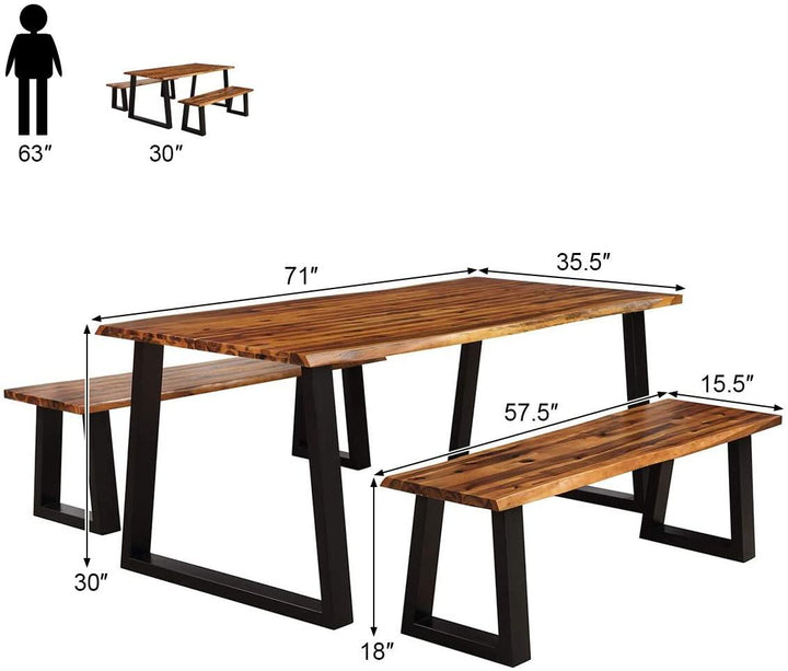 3PCS Wooden Dining Set Bench Chair Rustic Indoor &Outdoor Furniture - Giantexus