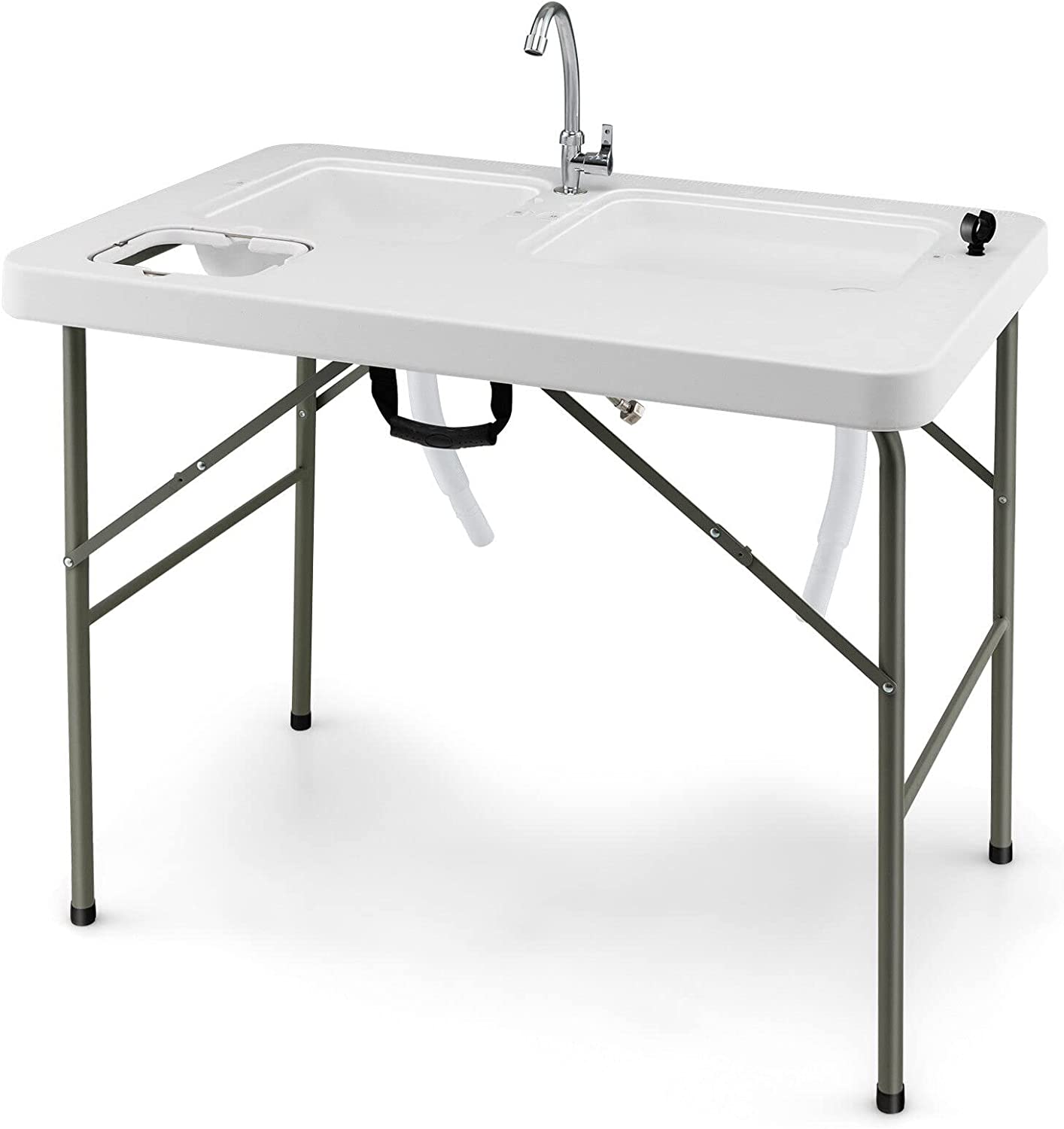 Giantex Fish Cleaning Table with 2 Sinks, Faucet, Garage Holder, Portable Folding Camping Table with Measuring Mark