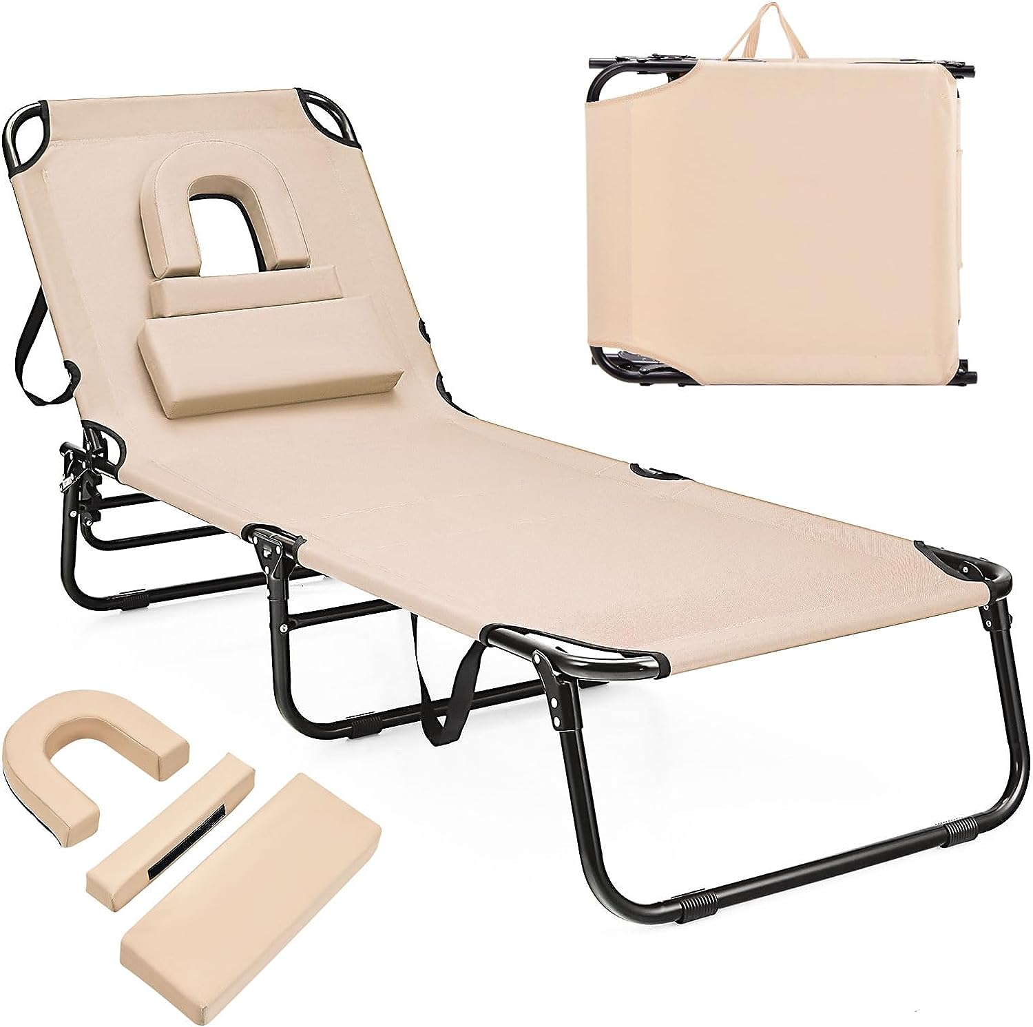 Giantex Folding Beach Tanning Chair - Adjustable Patio Lounge Chair w/Face Hole, Removable Pillows, Carry Strap