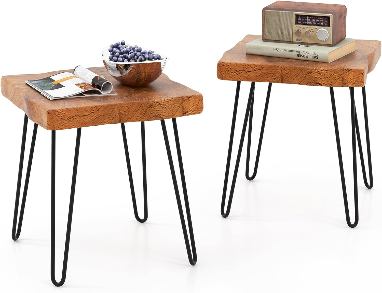 Giantex Teak Wood End Table, Solid Live Edge Outdoor Side Table w/Natural Grain & Heavy-Duty Metal Legs
