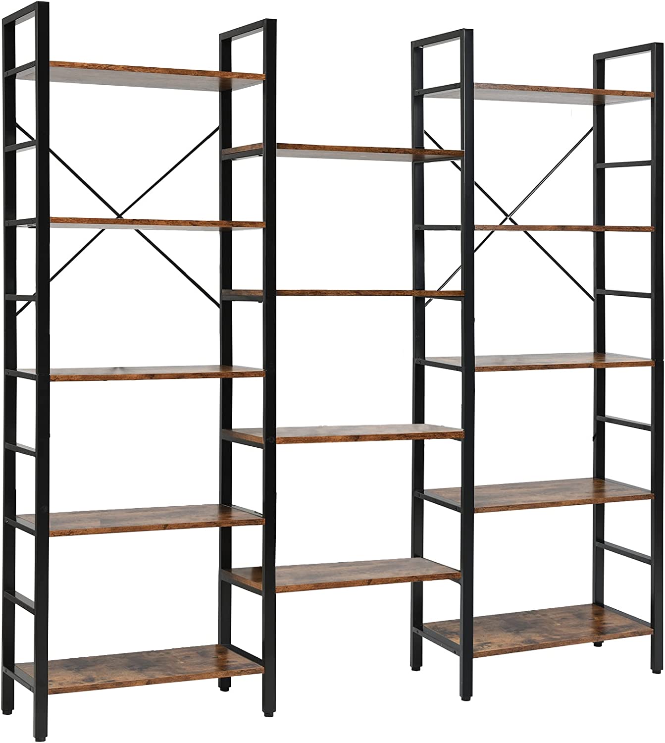 Giantex Triple 5-Tier Industrial Bookshelf- Freestanding Metal Frame Ladder Bookcase with 14 Open Shelves