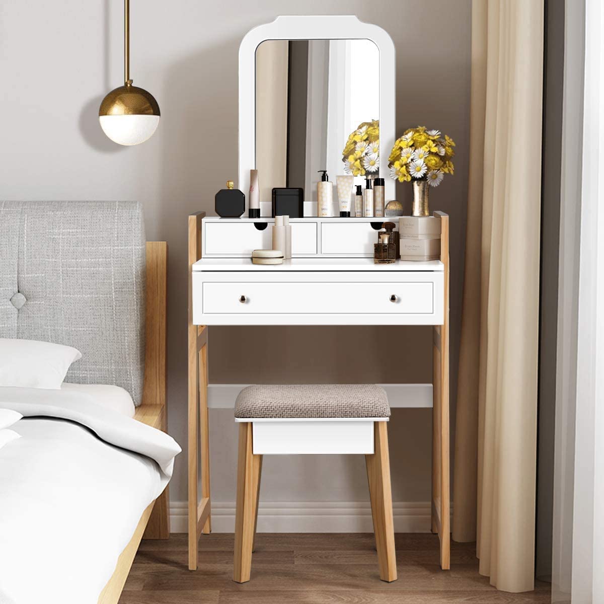 CHARMAID Vanity Set with 2-Tier Tabletop & 3 Drawers, 25inch Dressing Table with Large Mirror and Cushioned Stool - Giantexus