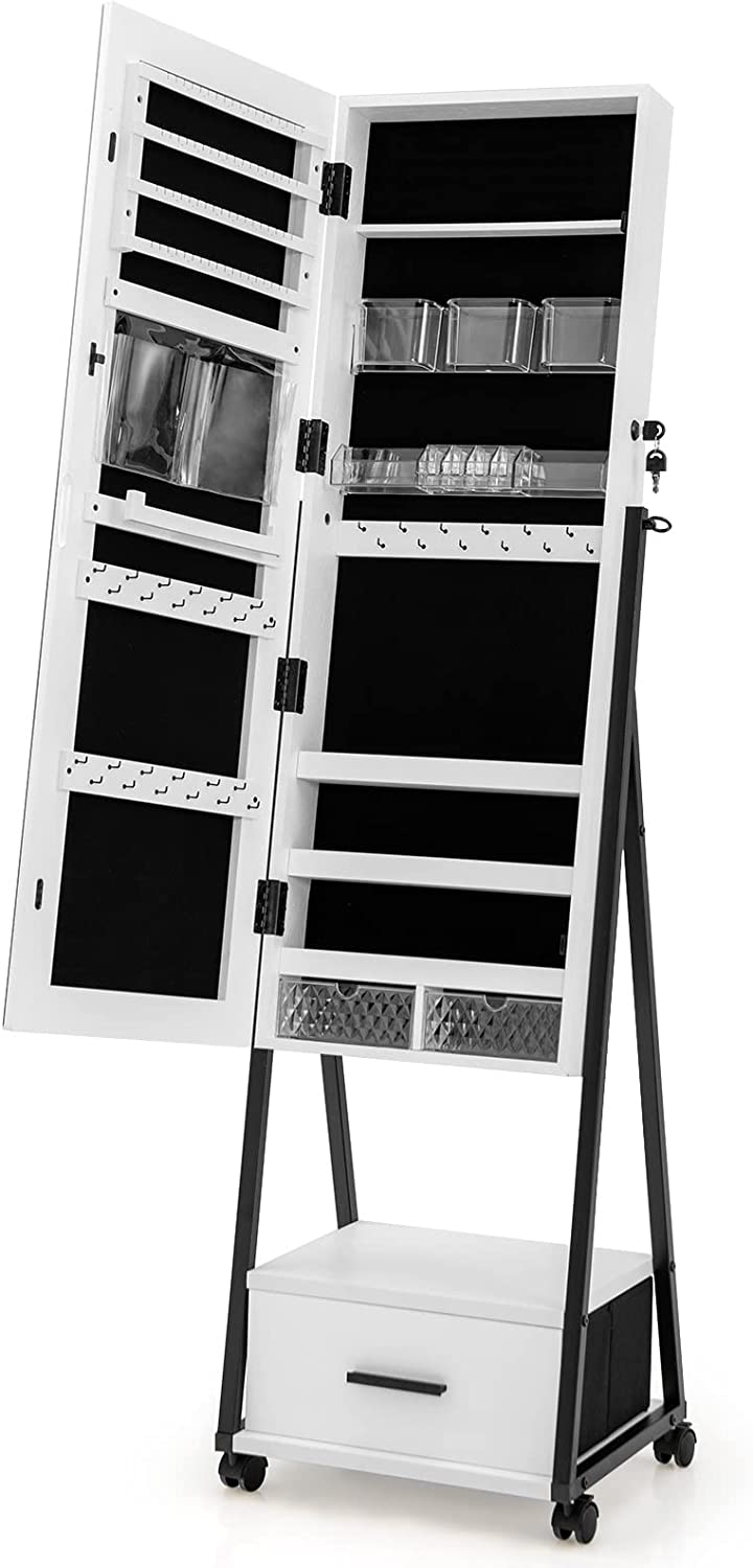 CHARMAID Rolling Jewelry Cabinet with Full Length Mirror, Lockable Standing Jewelry Armoire with Wheels