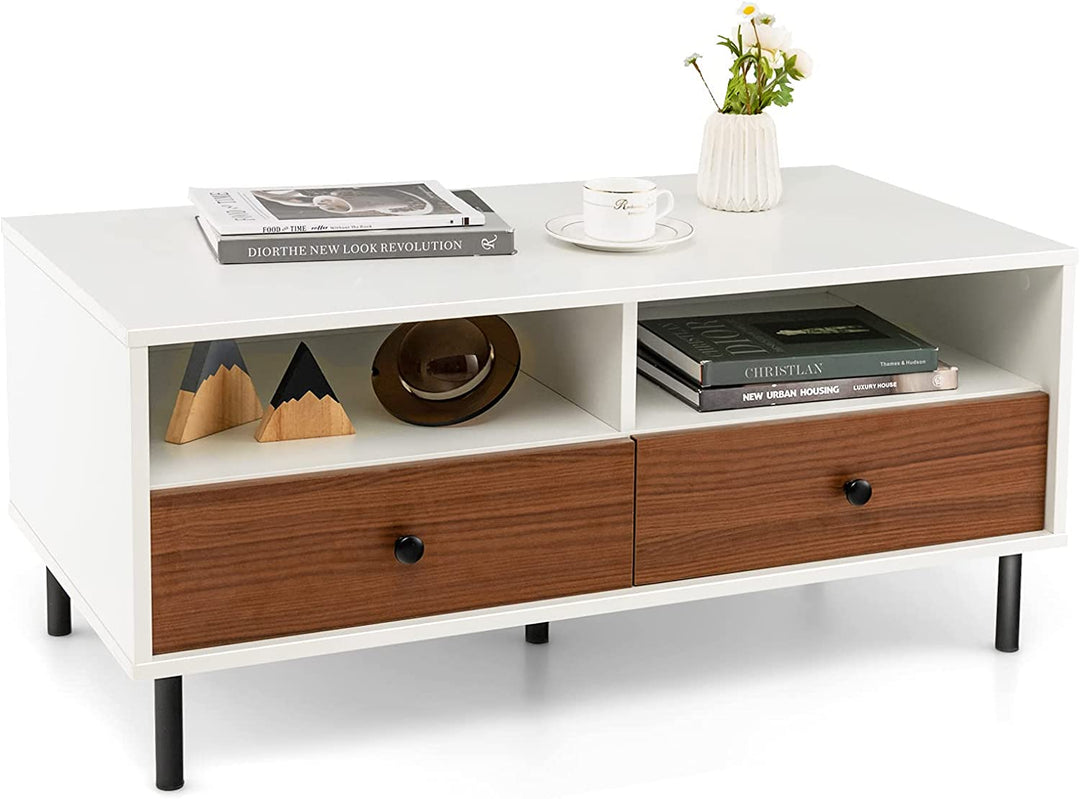Giantex Rectangular Coffee Table with Storage, 2 Tier Wood Tea Table with 2 Drawers