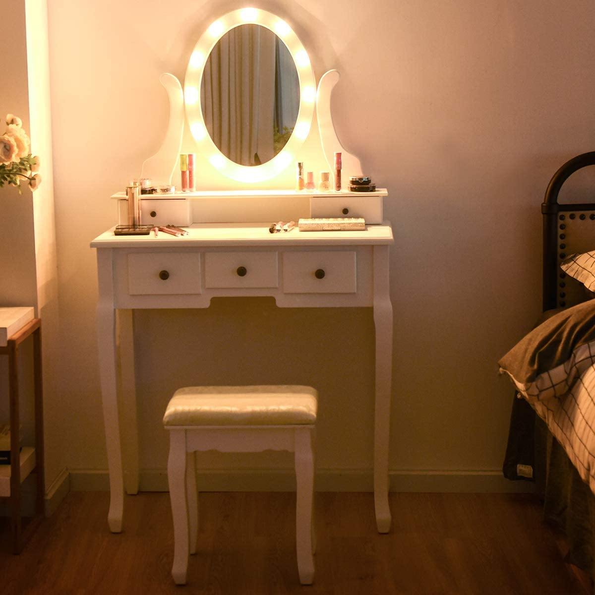 LED Vanity Set Dressing Table with Mirror White Makeup Vanities with Padded Stool - Giantexus