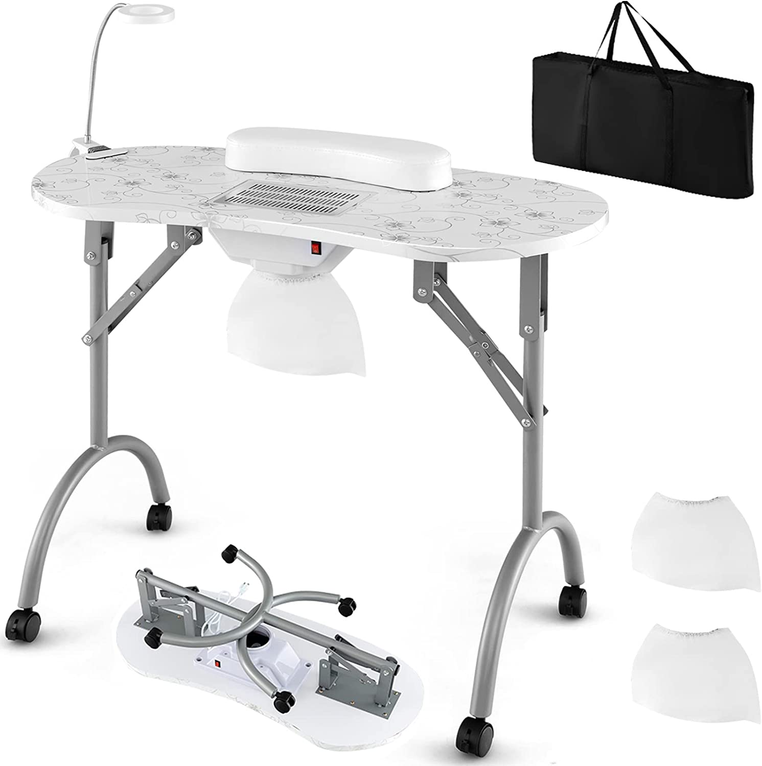 Giantex Nail Desk with Electric Dust Collector, Portable Manicure Table with USB-Plug LED Table Lamp