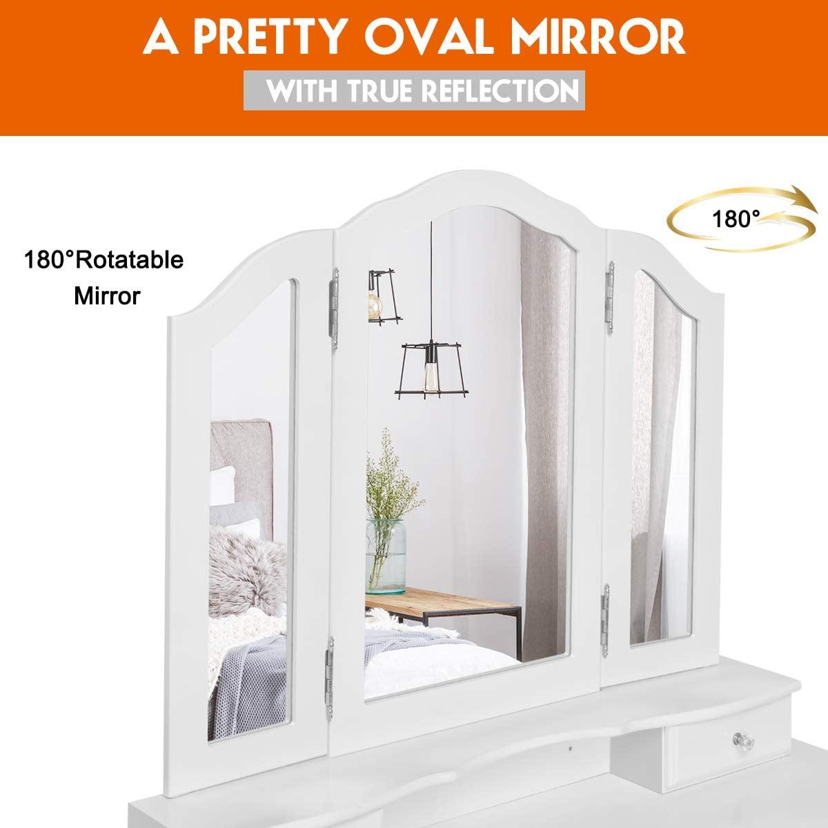 Vanity Set with Tri-Folding Mirror and 4 Drawers Makeup Dressing Table - Giantexus