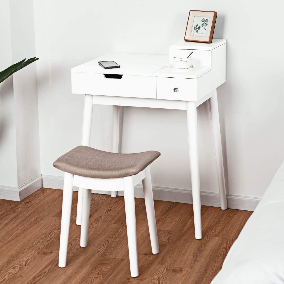 Vanity Table Set with Flip Top Mirror and Cushioned Stool with 2 Drawers, White - Giantexus