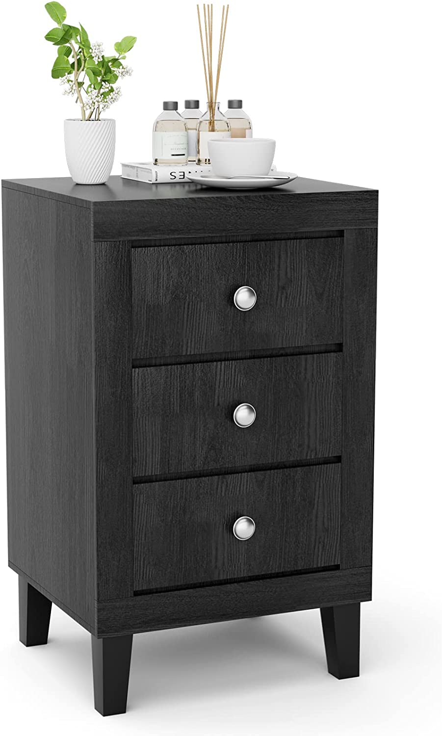 Giantex Nightstand with 3 Drawers, 26.5" Wood End Side Table w/Handles & Rubber Solid Wood Legs