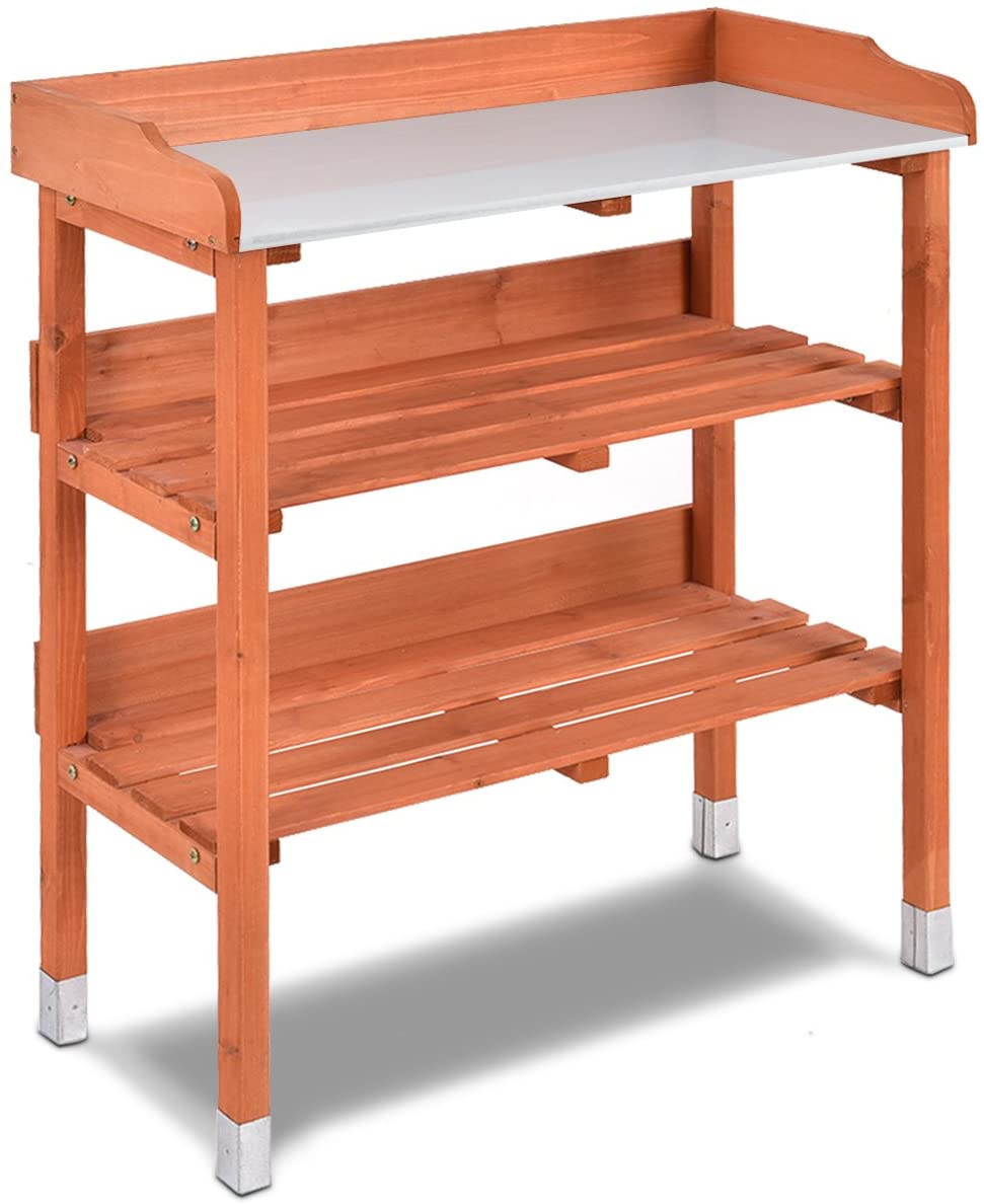 Giantex Outdoor Garden Wooden Potting Bench Work Station Table Tool Storage Shelf W/Hook (Orange)