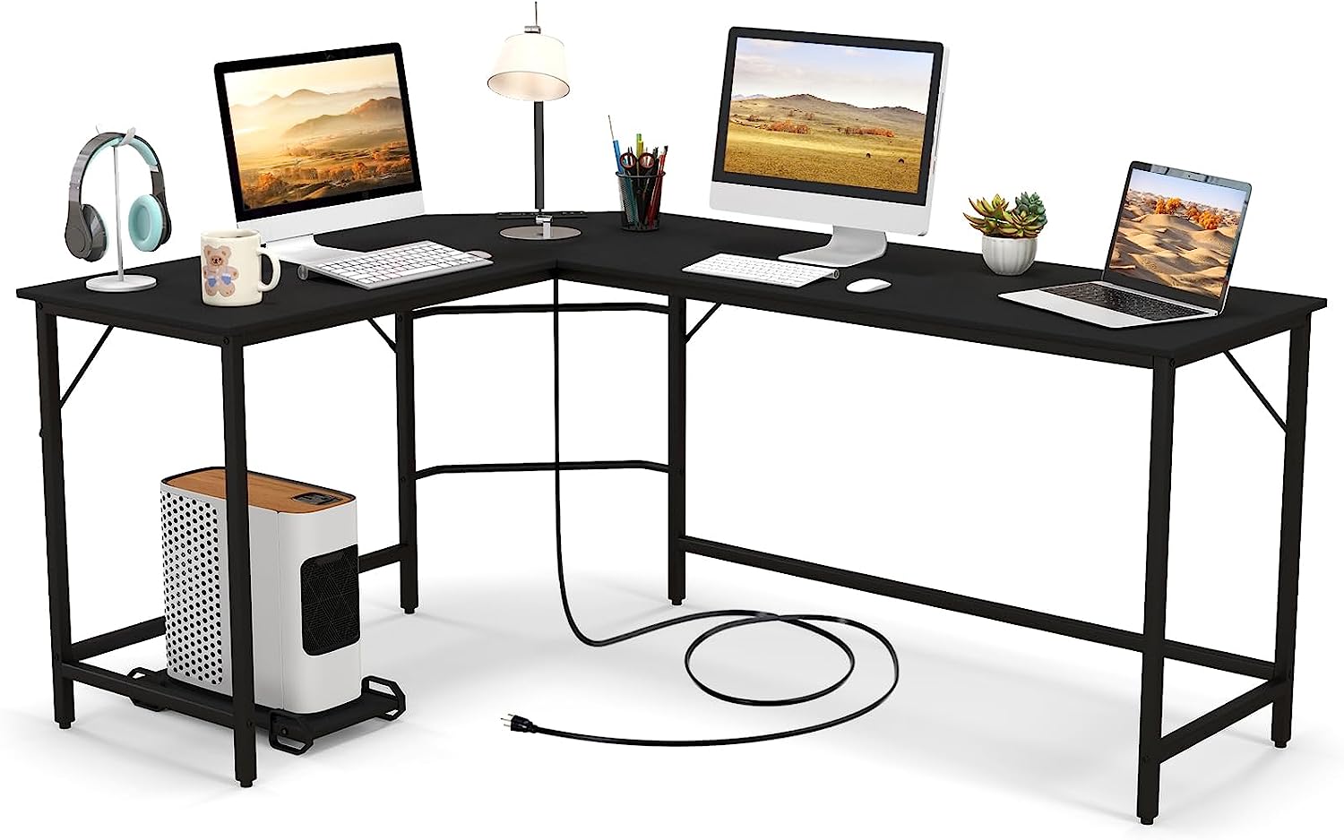 Giantex L-Shaped Desk with Power Outlet, 66" Computer Corner Desk with CPU Stand & Heavy-Duty Metal Frame