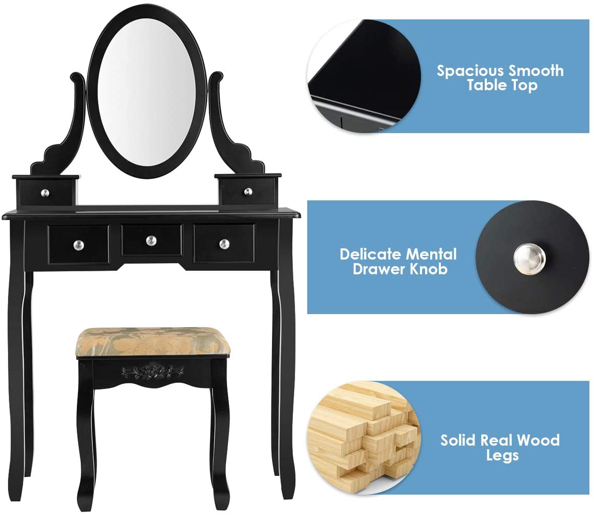 CHARMAID Vanity Table Set with Rotatable Oval Mirror (Black) - Giantexus