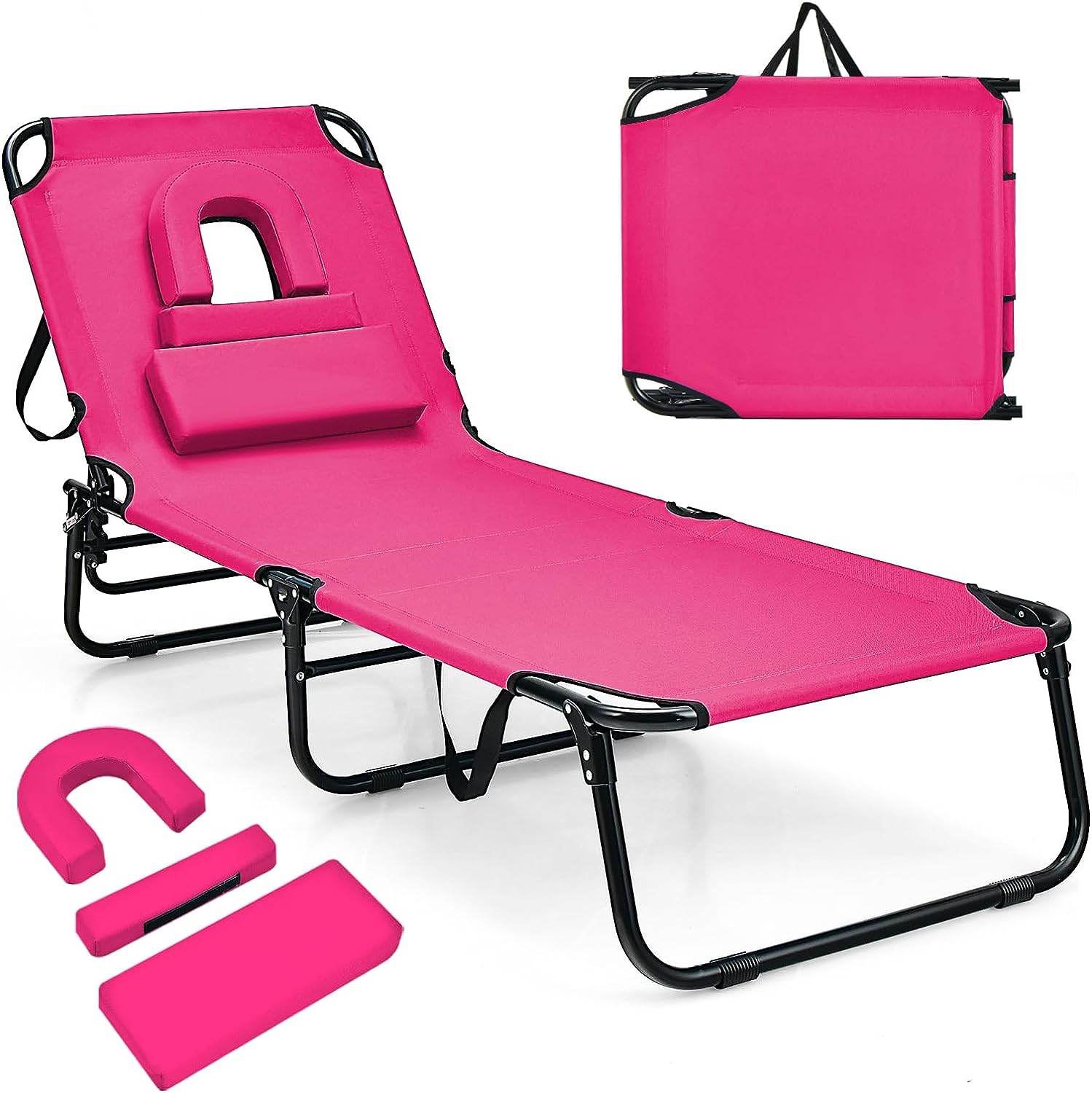 Giantex Folding Beach Tanning Chair - Adjustable Patio Lounge Chair w/Face Hole, Removable Pillows, Carry Strap