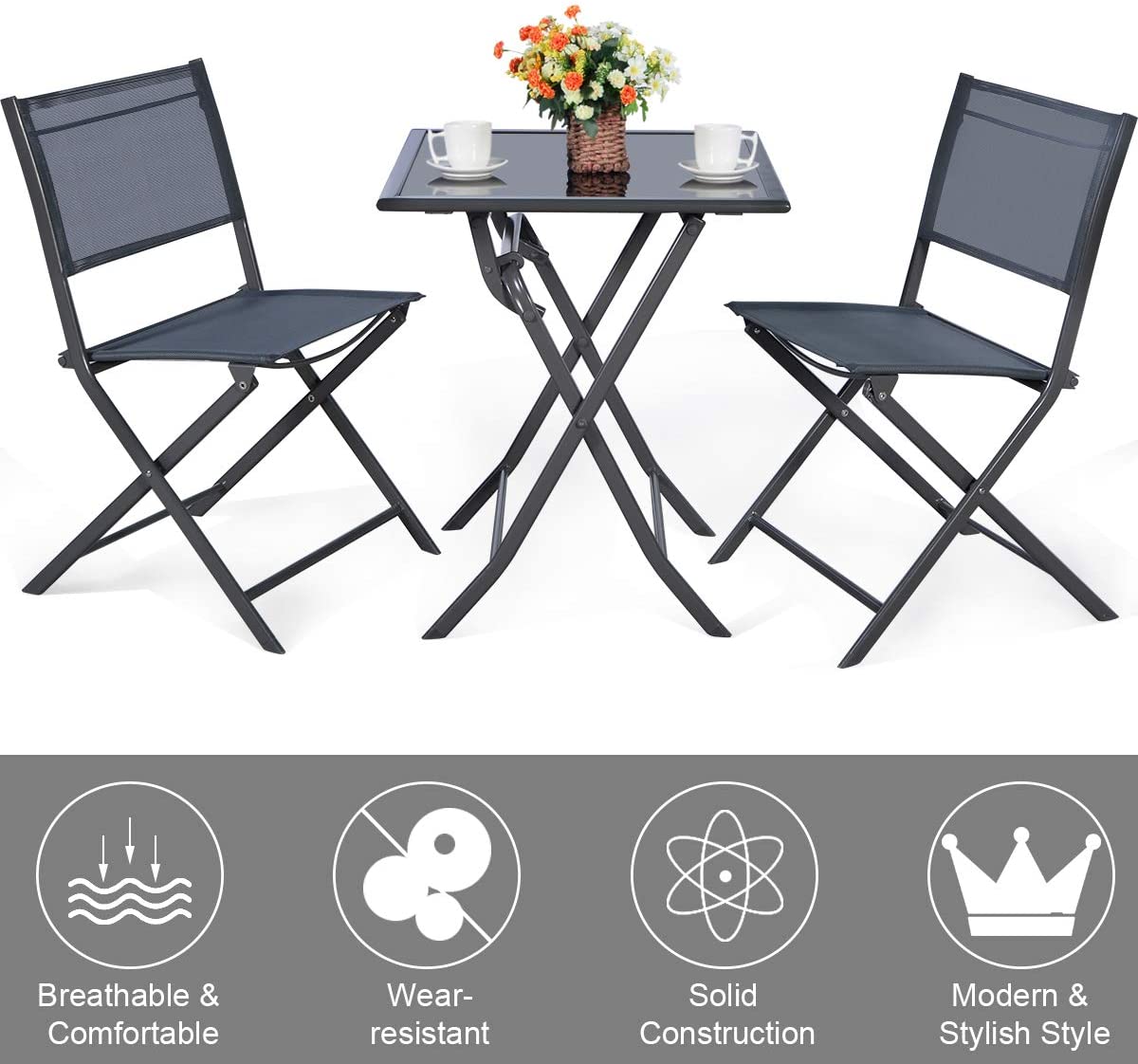 Giantex Metal Patio Dining Table and 2 Chairs, 3 Pieces Portable Patio Bistro Set for Garden Backyard Lawn