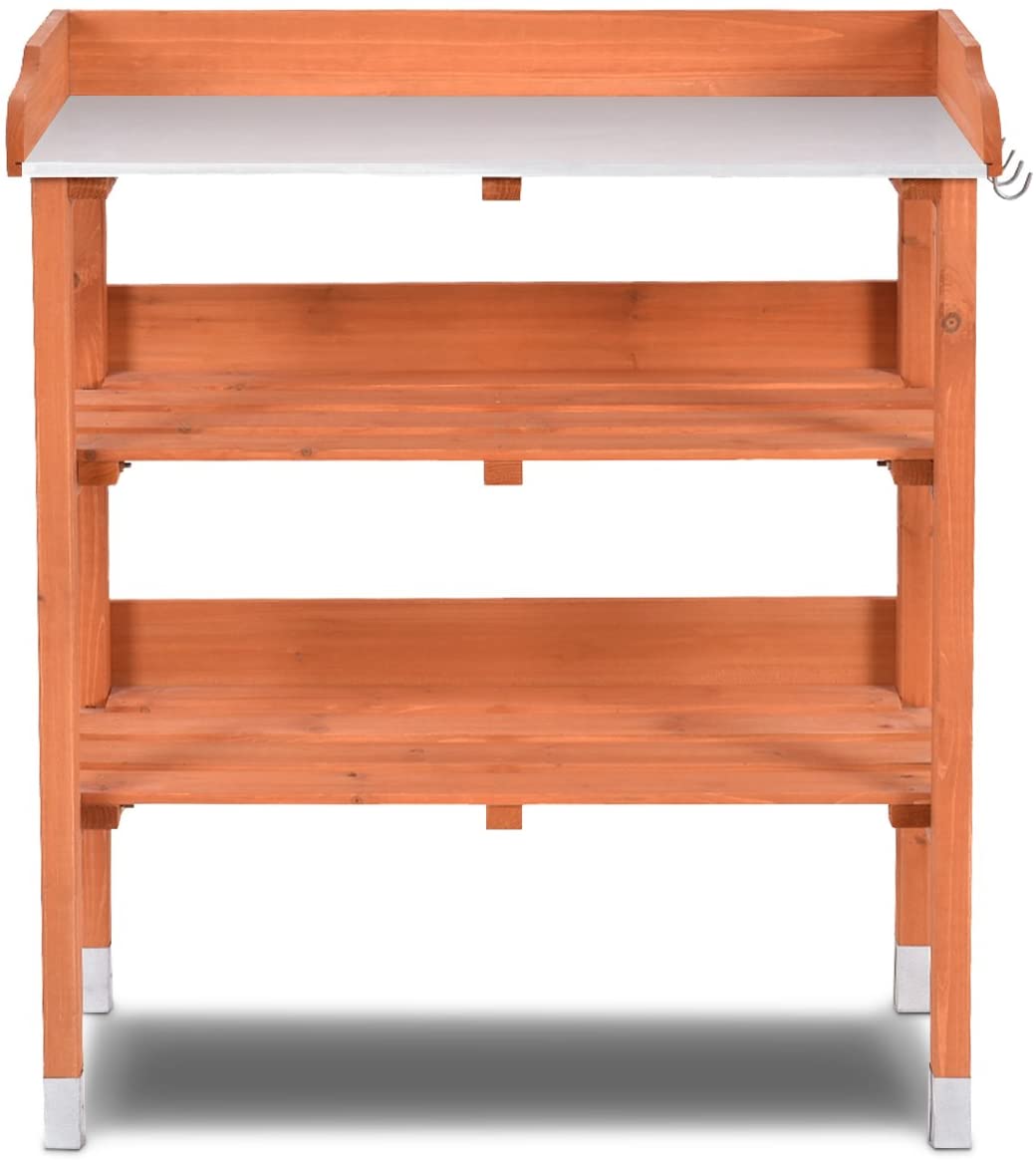 Giantex Outdoor Garden Wooden Potting Bench Work Station Table Tool Storage Shelf W/Hook (Orange)
