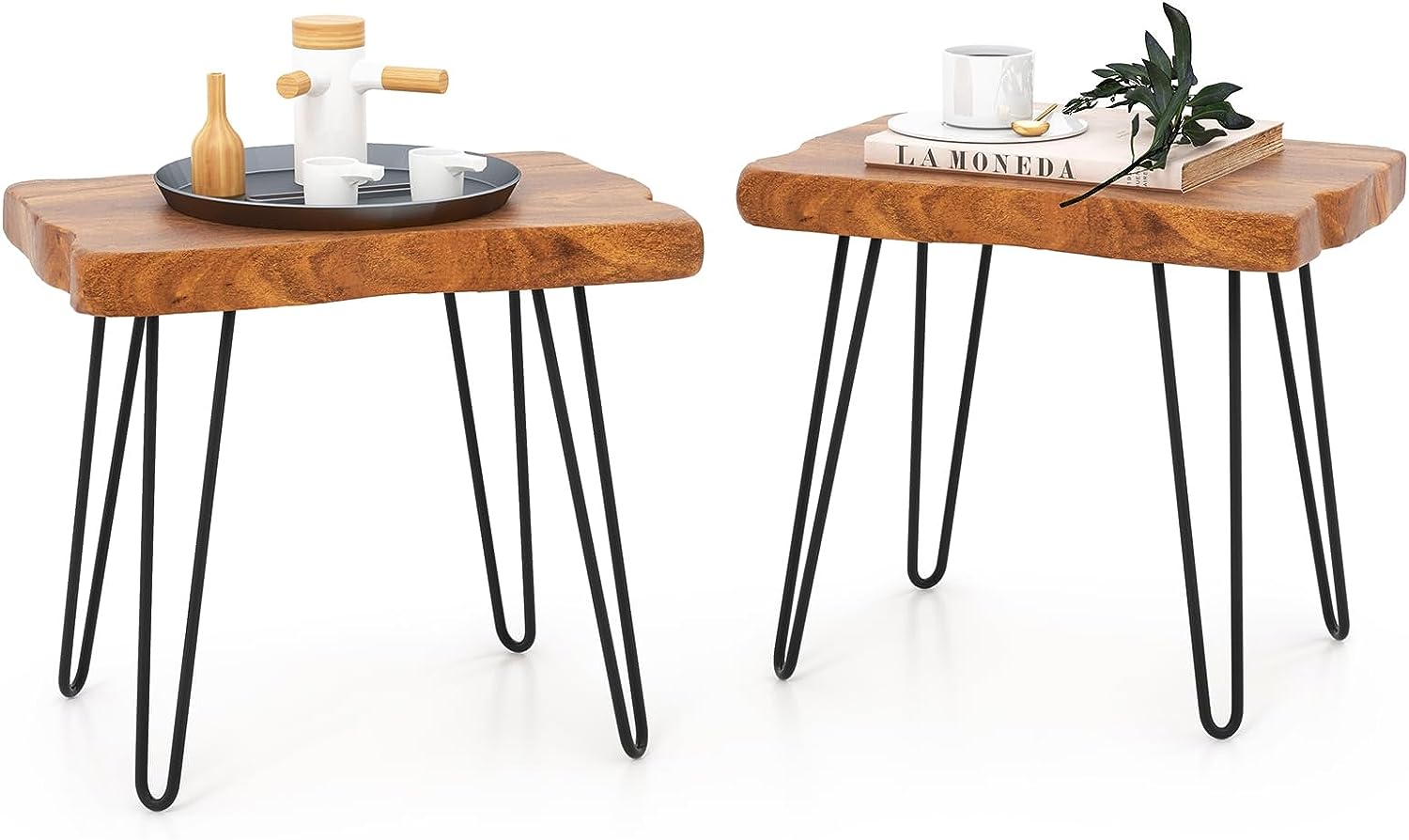 Giantex Teak Wood End Table, Solid Live Edge Outdoor Side Table w/Natural Grain & Heavy-Duty Metal Legs