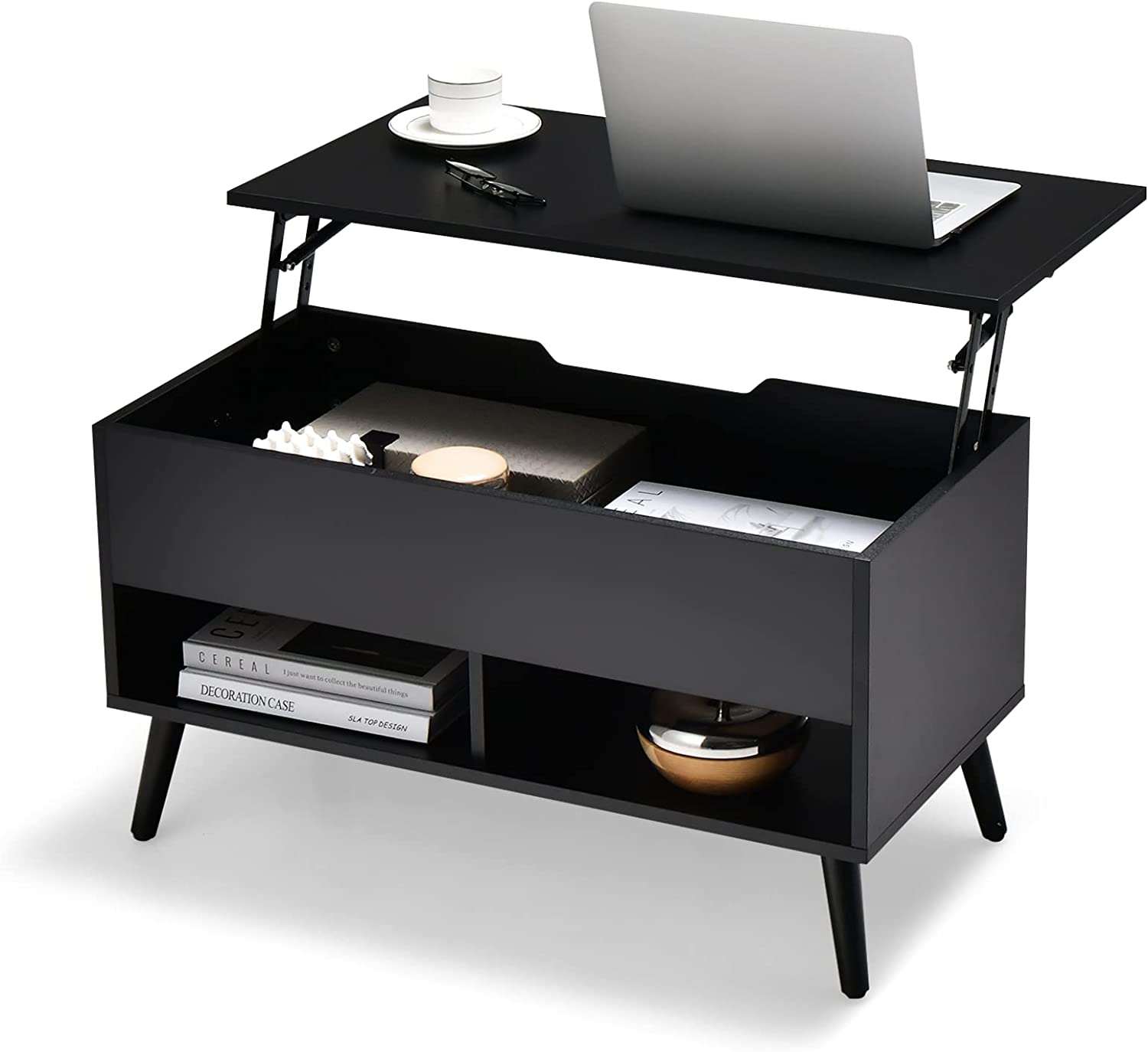 Giantex Lift Top Coffee Table, Modern Cocktail Table w/Hidden Compartment & 2 Open Shelves