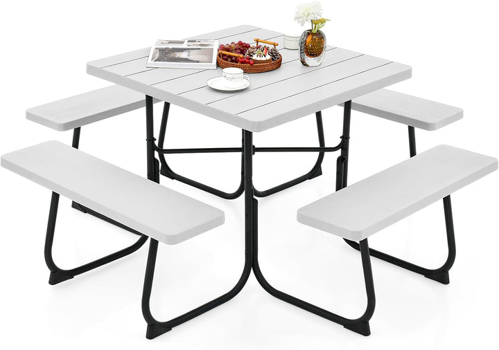 Giantex Picnic Table Set for 4-8 Persons, Outdoor Table and Bench Set with Umbrella Hole, HDPE Top & Metal Frame